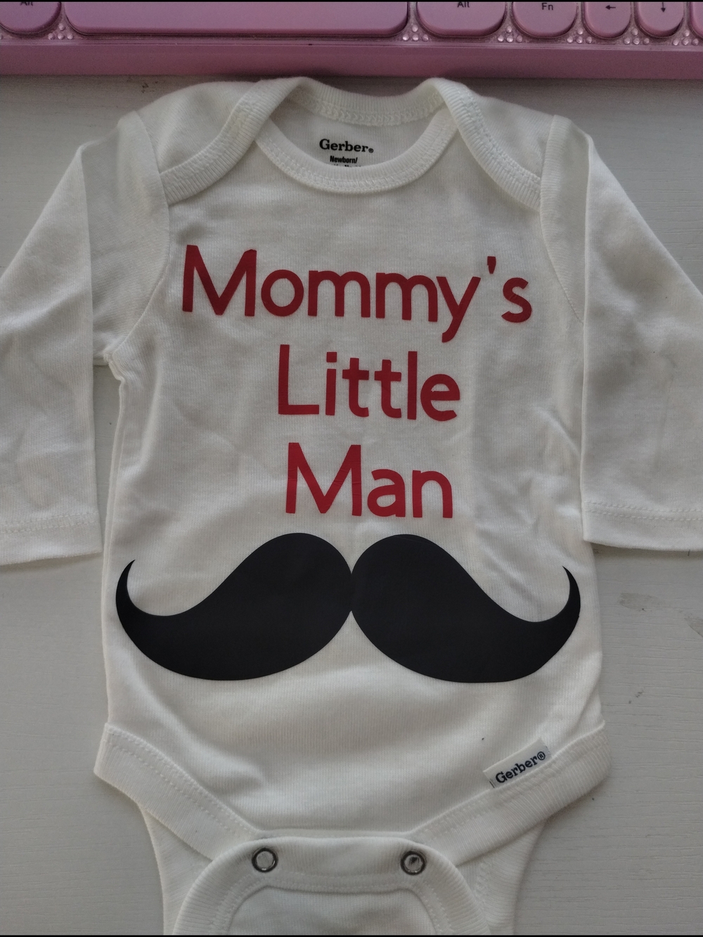 Gerber White Baby Bodysuit with Red Text and Black Mustache